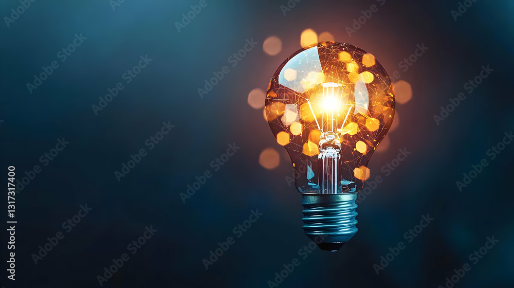 Poster illuminated light bulb with glowing bokeh effect on dark blue background symbolizing innovation and 