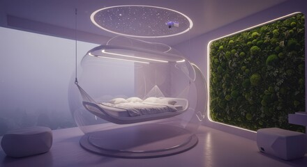 Hanging Bed in Futuristic Room with Natural Green Wall Concept