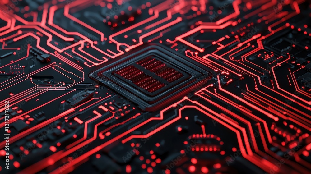 Poster red and black circuit board with microchip in futuristic design