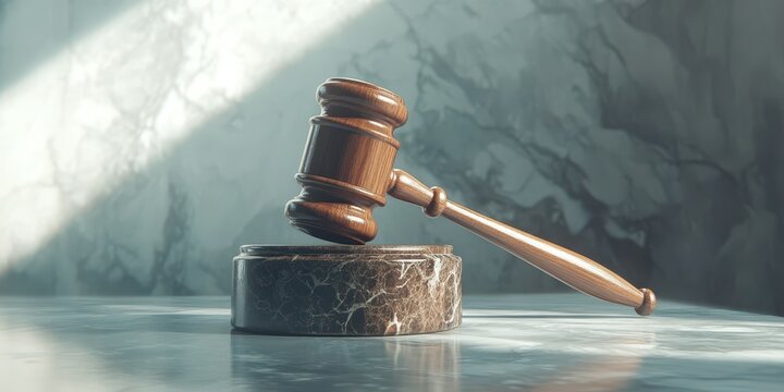 Wooden gavel resting on a marble base in a courtroom with soft light illuminating the space