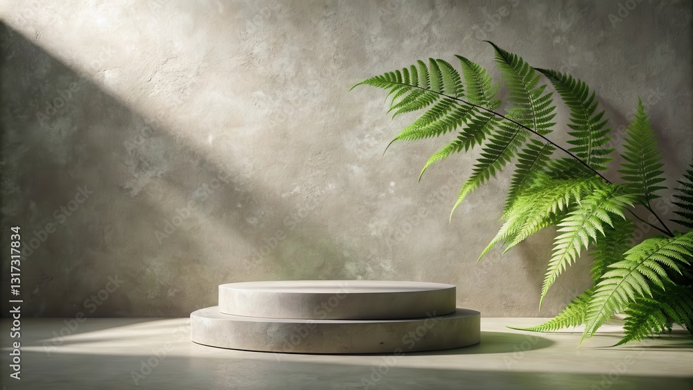 Poster minimalist concrete podium with lush fern and sunbeams on a rustic background