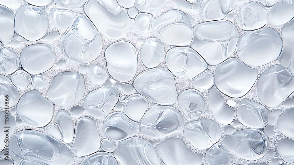 Poster translucent water droplets on smooth surface with soft light reflection and delicate texture