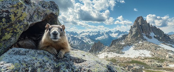 Marmot peering from rock crevice overlooking majestic mountain range.