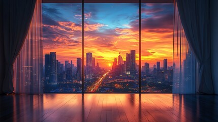 A spacious living room with open curtains framing a stunning sunset city skyline, skyscrapers reflecting the fiery colors of the sky, warm light spilling onto a polished wooden floor,