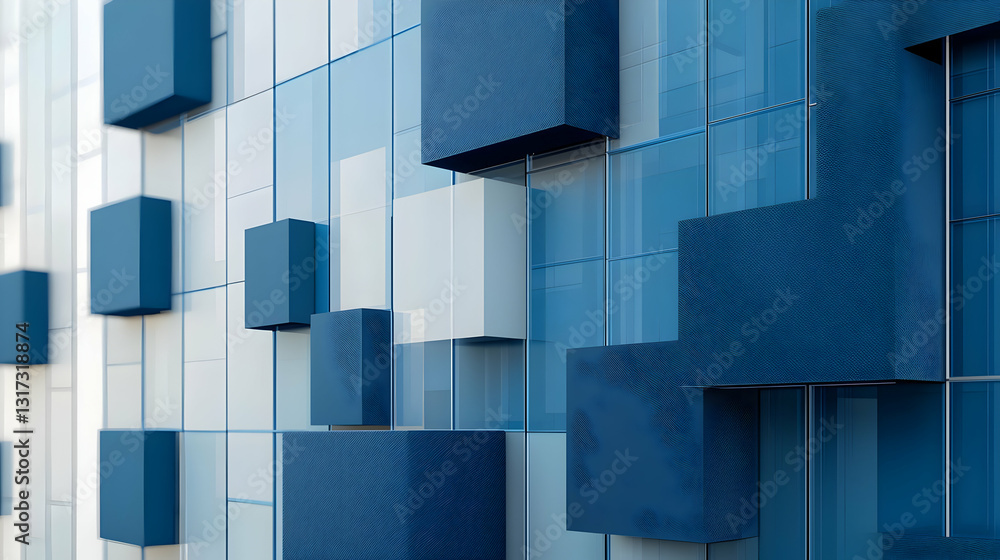 Poster abstract architectural facade modern building exterior design with blue and white geometric cubes pa