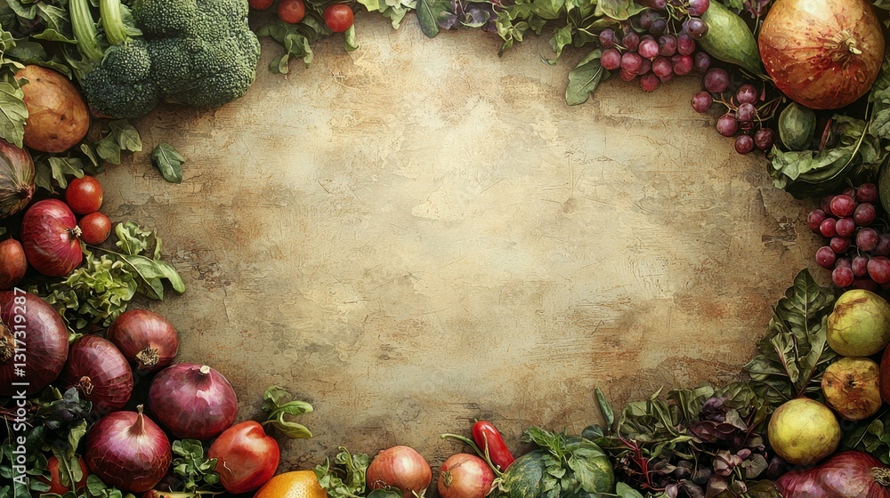 Poster overhead view of various fresh fruits and vegetables arranged in a circular frame on a rustic backgr