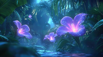 Naklejka premium Magical rainforest bloom with glowing exotic flowers and deep emerald green leaves.