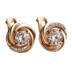 A Pair of Elegant Gold Earrings with Diamonds Isolated on Transparent Background