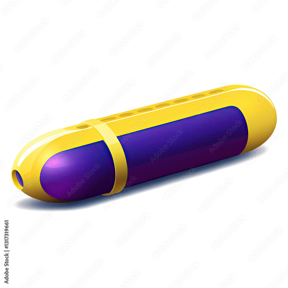Poster 3d rendering of a yellow and purple capsule-shaped object with a smooth surface and subtle glow