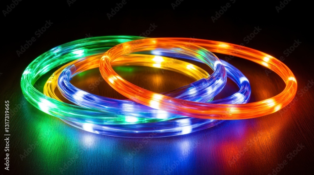 Poster multicolored led light strings arranged in overlapping circles on a dark reflective surface. the lig