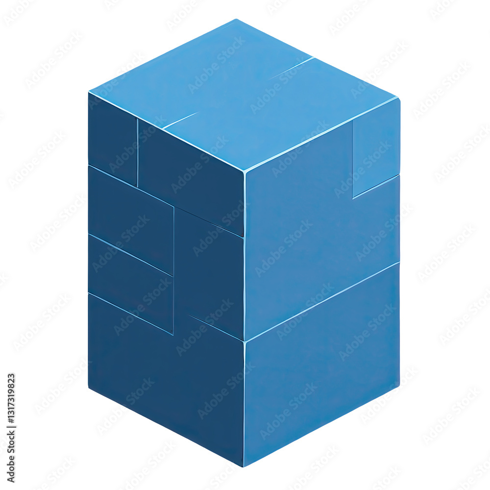 Poster abstract geometric blue cube structure with varying panel shapes, set against a transparent backgrou