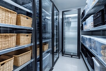 Obraz premium Organized shelving, baskets, and transparent-door refrigerators fill a commercial kitchen storage space
