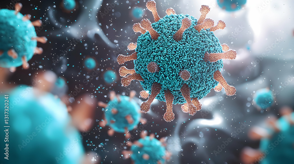 Aufkleber microscopic view of a virus with a textured surface in shades of teal and orange against a dark back