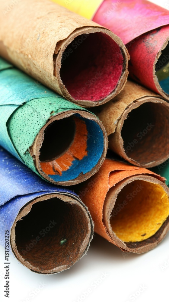 Poster close up view of a stack of rolled colorful painted paper tubes on a white background. the tubes dis
