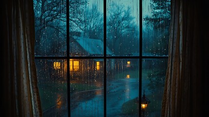 Curtains drawn aside to reveal a rain-soaked evening outside, water droplets on the glass blurring the outlines of trees and houses, the glow of warm indoor lighting reflecting faintly on the window,