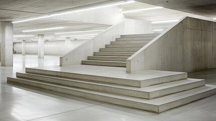 Obraz premium Concrete staircase, minimalist design, bright lights, open space. Clean lines