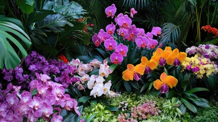 Multicolored paradise of orchids, monstera leaves, and exotic tropical blooms in a lush setting.