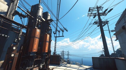 Industrial landscape. Towers, wires, sky, and clouds. A cityscape by the coast