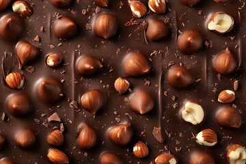 Fototapeta premium Assorted nuts on rich chocolate surface. AI generated