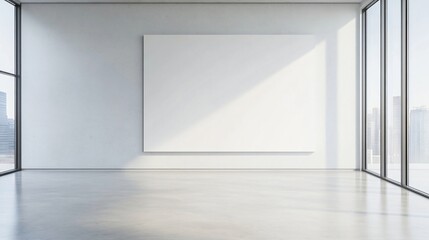 Obraz premium Minimalist interior space, bright empty room with large windows, polished floor, perfect for display or presentations, ample copy-space.