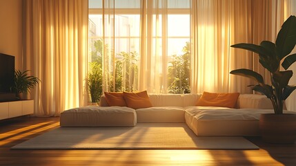 Golden hour sunlight filtering through open curtains in a minimalist living room, soft warm tones illuminating a sleek interior with simple furniture, long shadows stretching across the floor,
