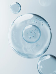 transparent glass sphere, molecules ball with water, glass bubbles, cosmetic moisturizing water molecules,luxury, Cosmetic essence, liquid oil foam, glass texture, 3D rendering