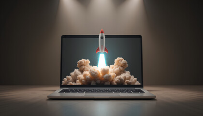 A silver laptop computer, open displays a vibrant rocket launching from its screen
