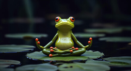 Frog doing yoga on a lily pad at a tranquil pond setting