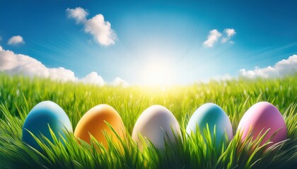 Fototapeta premium Bright and cheerful Easter scene with colorful eggs in a semi-circle at the bottom, fresh green grass, and a sunlit sky, leaving ample space for text or greetings. 