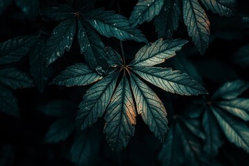 Close-up of Deep Green Leaves with Detailed Veins in Dark Setting