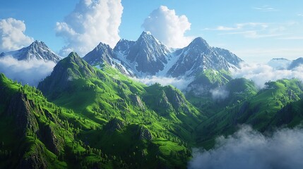 Aerial view of summer landscape with majestic mountains and lush greenery under clear skies