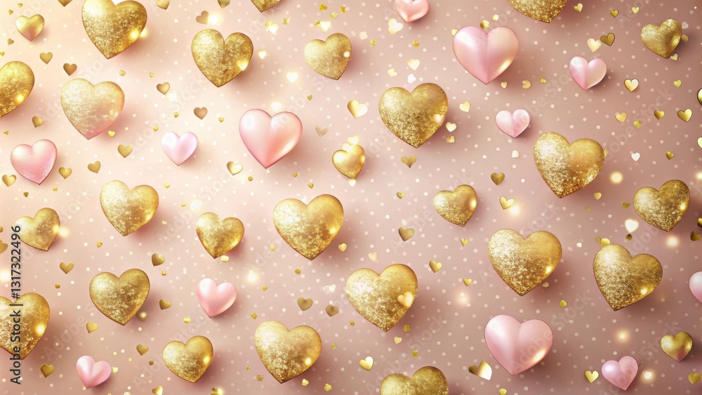 Aufkleber a delicate pattern of glittering gold and soft pink hearts scattered across a blush background, crea