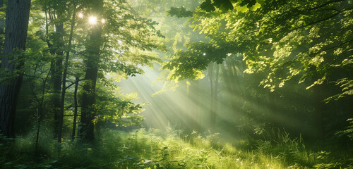 Obraz premium A tranquil forest landscape bathed in sunlight, where rays filter through the leafy green canopy, creating a serene and calming atmosphere.