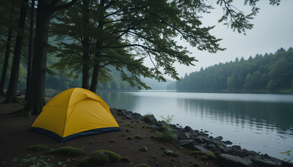 A bright yellow camping tent nestled beneath a canopy of lush trees by a tranquil lake