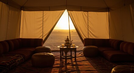 Inside Desert Tent with Tea Set at Sunrise for Relaxing Retreat