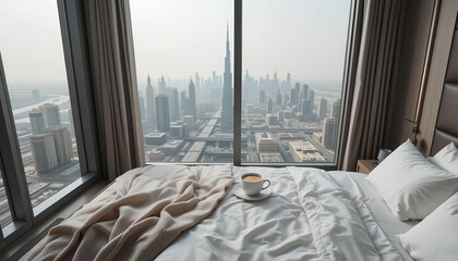 High-angle view of a bed with a blanket and white sheets a cup of coffee placed on top. Panoramic view of the Dubai skyline