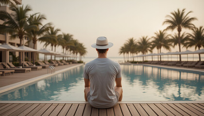 A middle-aged man light-skinned is seated on a wooden deck overlooking a swimming pool and ocean. He wears a light gray t-shirt and a white sun hat