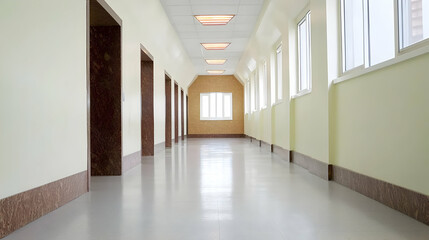 Fototapeta premium Bright Empty Hallway With Polished Granite Floor and White Walls in Modern Minimalist Building