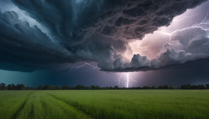 Dramatic lightning strike over a green field, wide shot powerful lightning bolt streaking across a dramatic sky filled with dark stormy clouds
