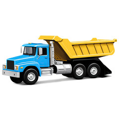 Colorful dump truck with a bright yellow container and blue cabin on a transparent background, designed for construction and heavy hauling
