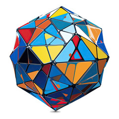 A colorful geometric dodecahedron composed of vibrant triangular panels on a smooth background, emphasizing creativity and modern art