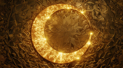 A Luminous Golden Crescent Moon, A Symbol Of Hope And New Beginnings, Rests On An Intricately Carved Background, Radiating Warmth And Rich Textures