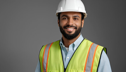 Portrait of a man, 30-40s, Latin American ethnicity wearing a light-blue button-down long-sleeved shirt and a bright-lime-green safety vest.