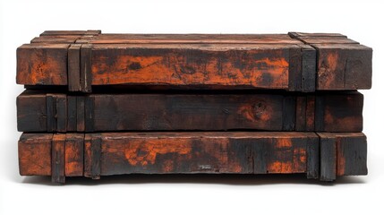 Stack of dark brown and orange wood blocks with visible grain and texture, isolated on white background.