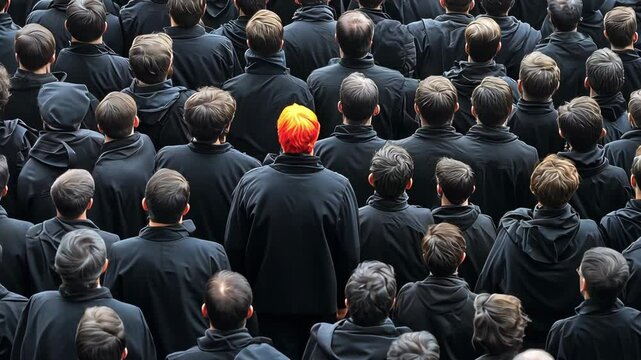 A large crowd of people all wear similar dark clothing, except for one individual standing out with distinct bright orange hair in the group