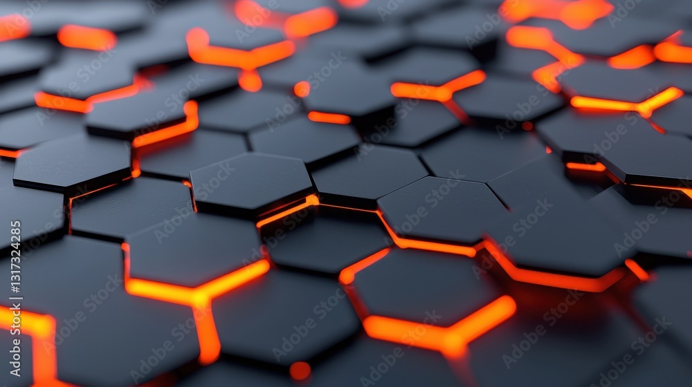 Poster abstract black hexagonal pattern with glowing orange lines