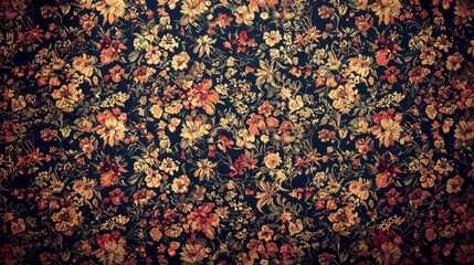 Dark background floral pattern, featuring small, densely packed flowers in muted red, orange, and yellow hues. The overall impression is vintage or antique.