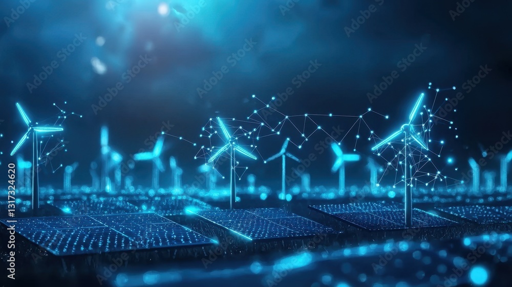 Poster ai-driven energy management system optimizing solar farms and wind turbines in real-time.