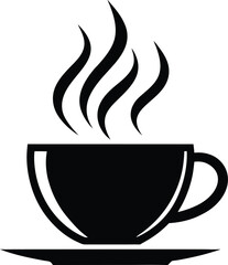 A classic, minimalist illustration of a coffee cup with steam rising from it, resting on a saucer.