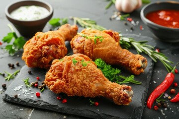 Glazed barbecue chicken drumsticks on white plate. AI generated
